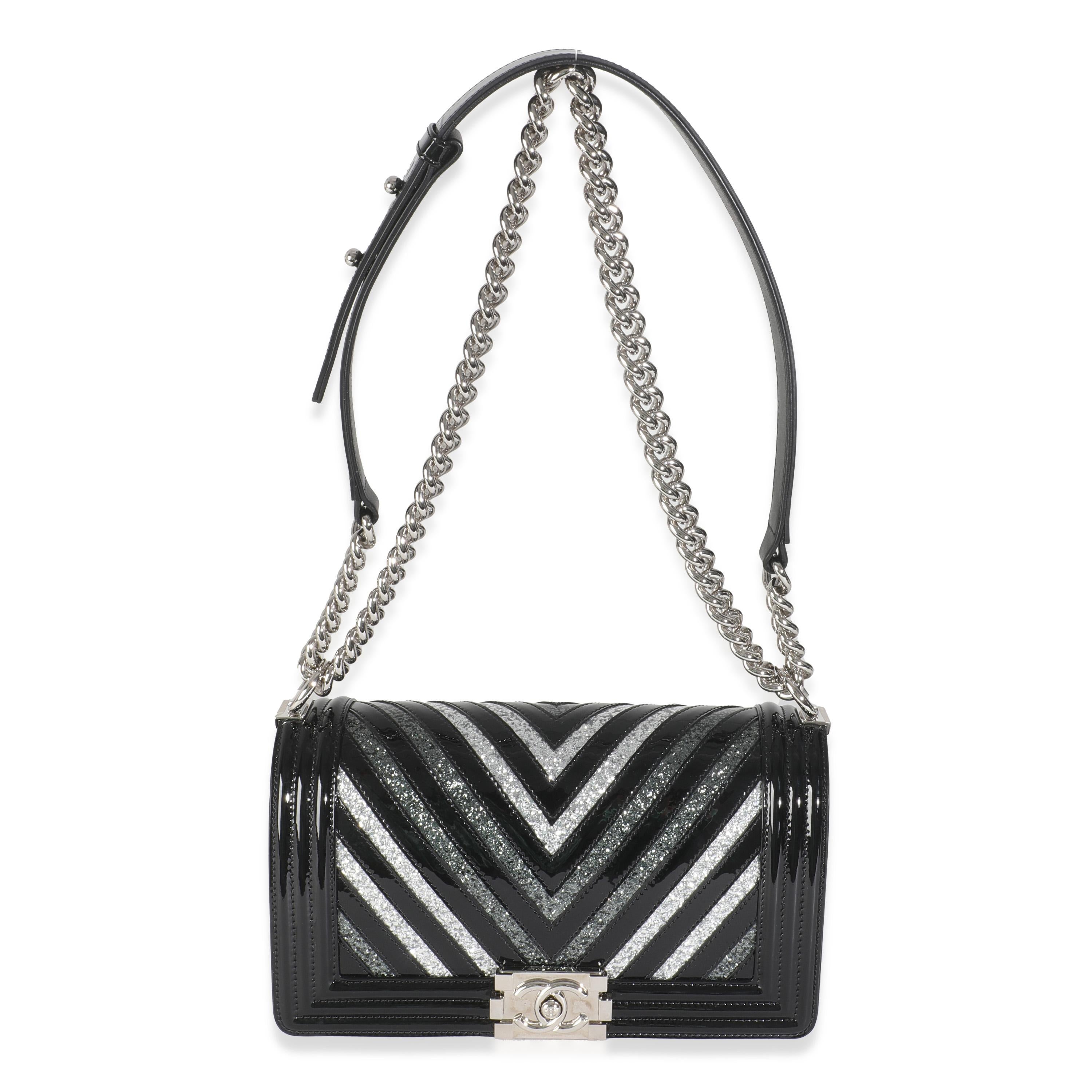 Chanel Black Patent Chevron Glitter PVC Old Medium Boy Bag For Sale 2