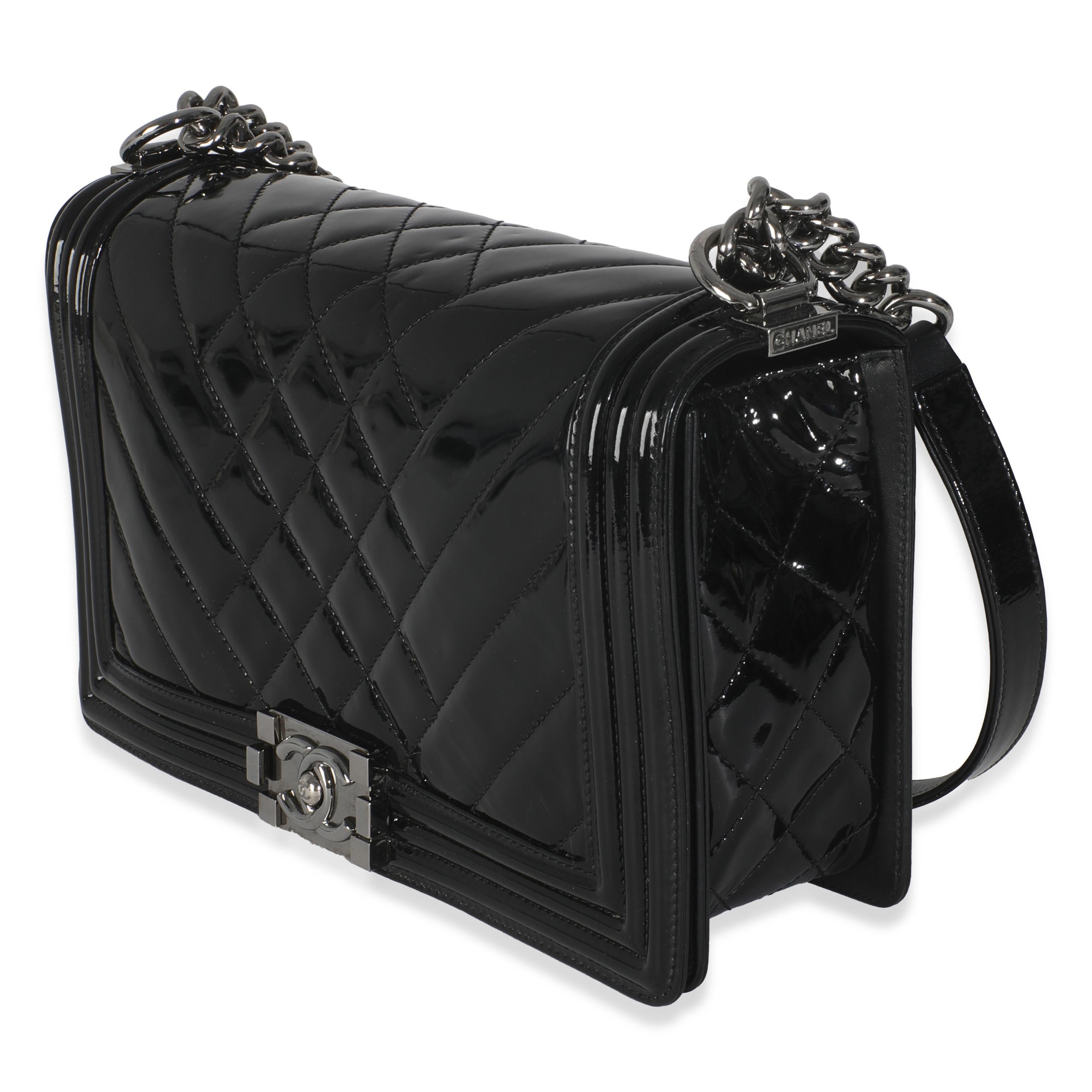 Women's or Men's Chanel Black Patent Chevron Old Medium Boy Bag For Sale