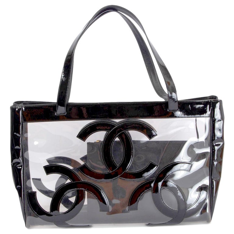 CHANEL black patent & clear PVCS LOGO SHOPPING TOTE Bag