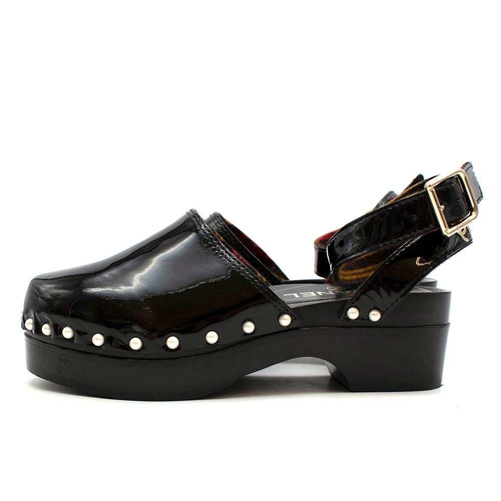 Women's or Men's Chanel Black Patent Clogs with Ankle Strap 35
