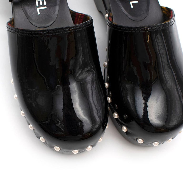 Chanel Black Patent Clogs with Ankle Strap - Size EU 35 at 1stDibs