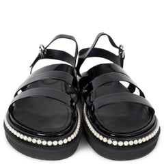 CHANEL black patent leather 17P PEARL TRIM FLAT Sandals Shoes 41 fit 40