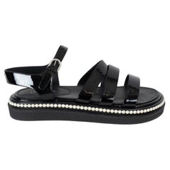 CHANEL black patent leather 17P PEARL TRIM FLAT Sandals Shoes 41 fit 40