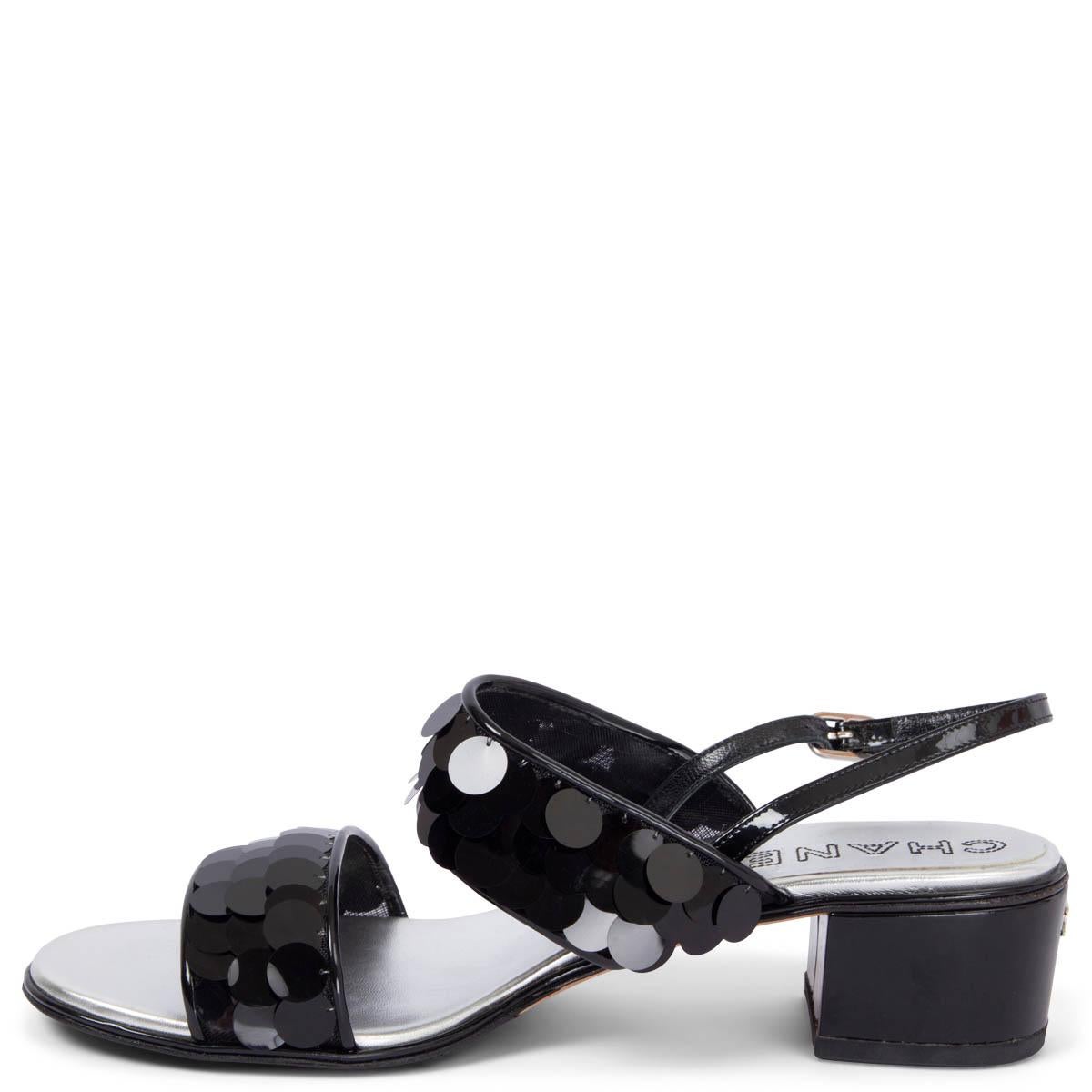 Black CHANEL black patent leather 2017 17S SEQUIN Slingback Sandals Shoes 38.5 For Sale