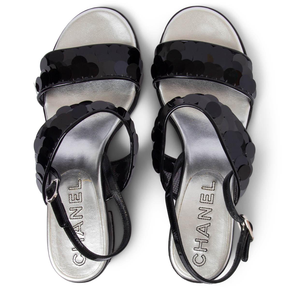 CHANEL cuir verni noir 2017 17S SEQUIN Slingback Sandals Shoes 38.5 en vente 1