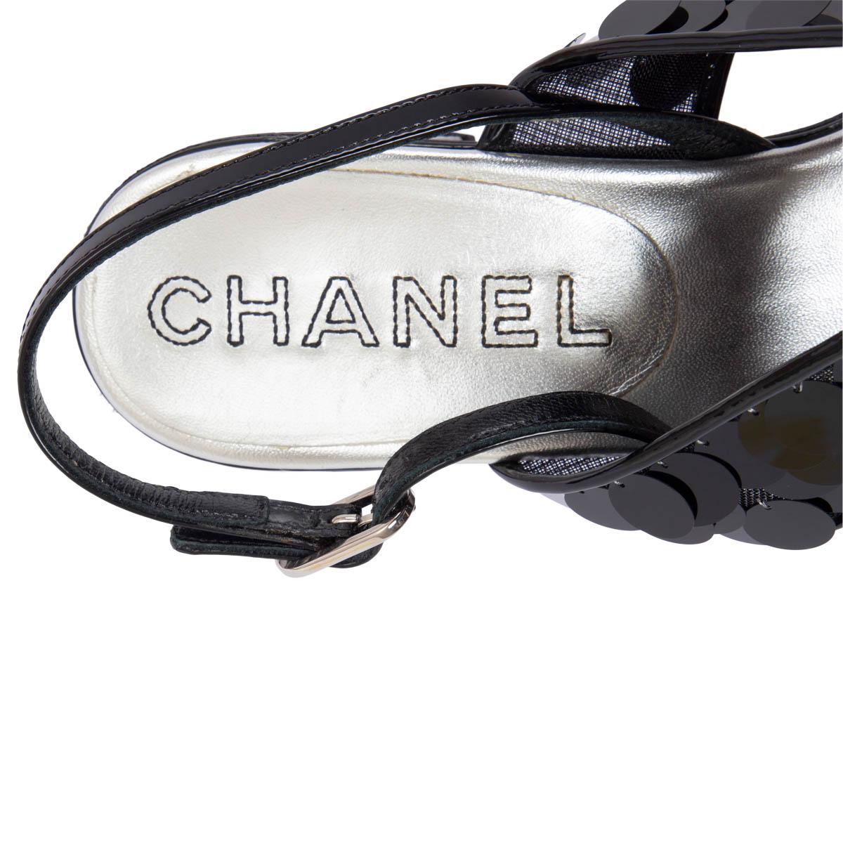 CHANEL cuir verni noir 2017 17S SEQUIN Slingback Sandals Shoes 38.5 en vente 2