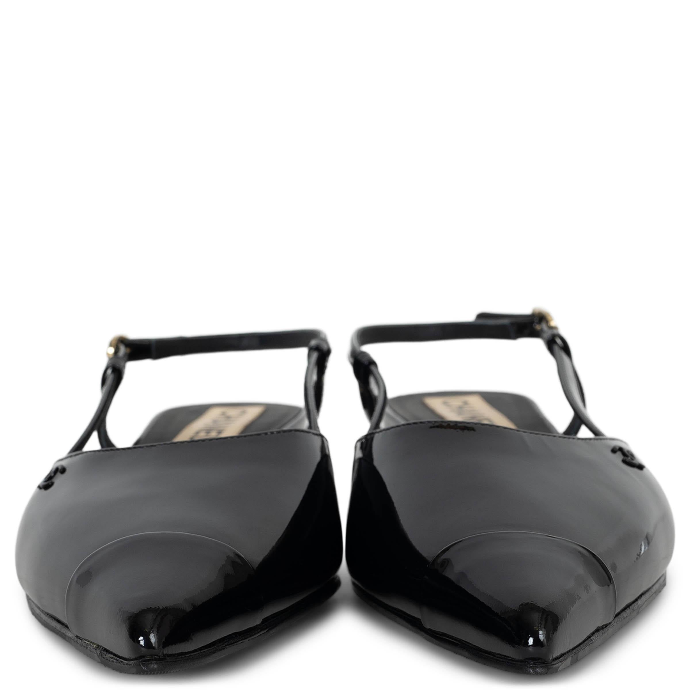 This 100% authentic Chanel slingbacks in black patent leather exude classic sophistication. Designed with sleek pointed toes and a refined mini heel, they offer an effortlessly elegant silhouette. A timeless addition to any wardrobe, perfect for