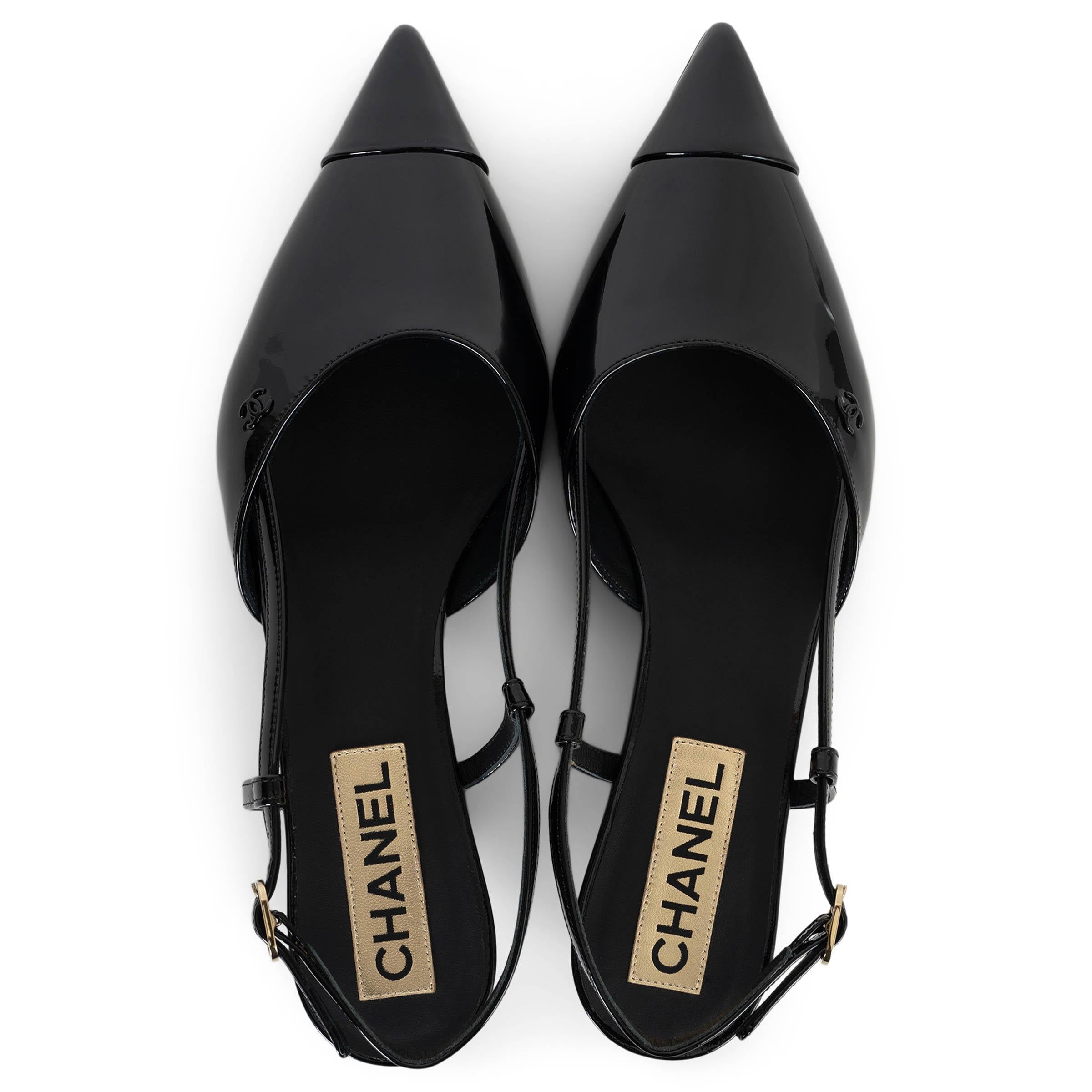 CHANEL black patent leather 22K Slingbacks Pumps Shoes 38.5 1