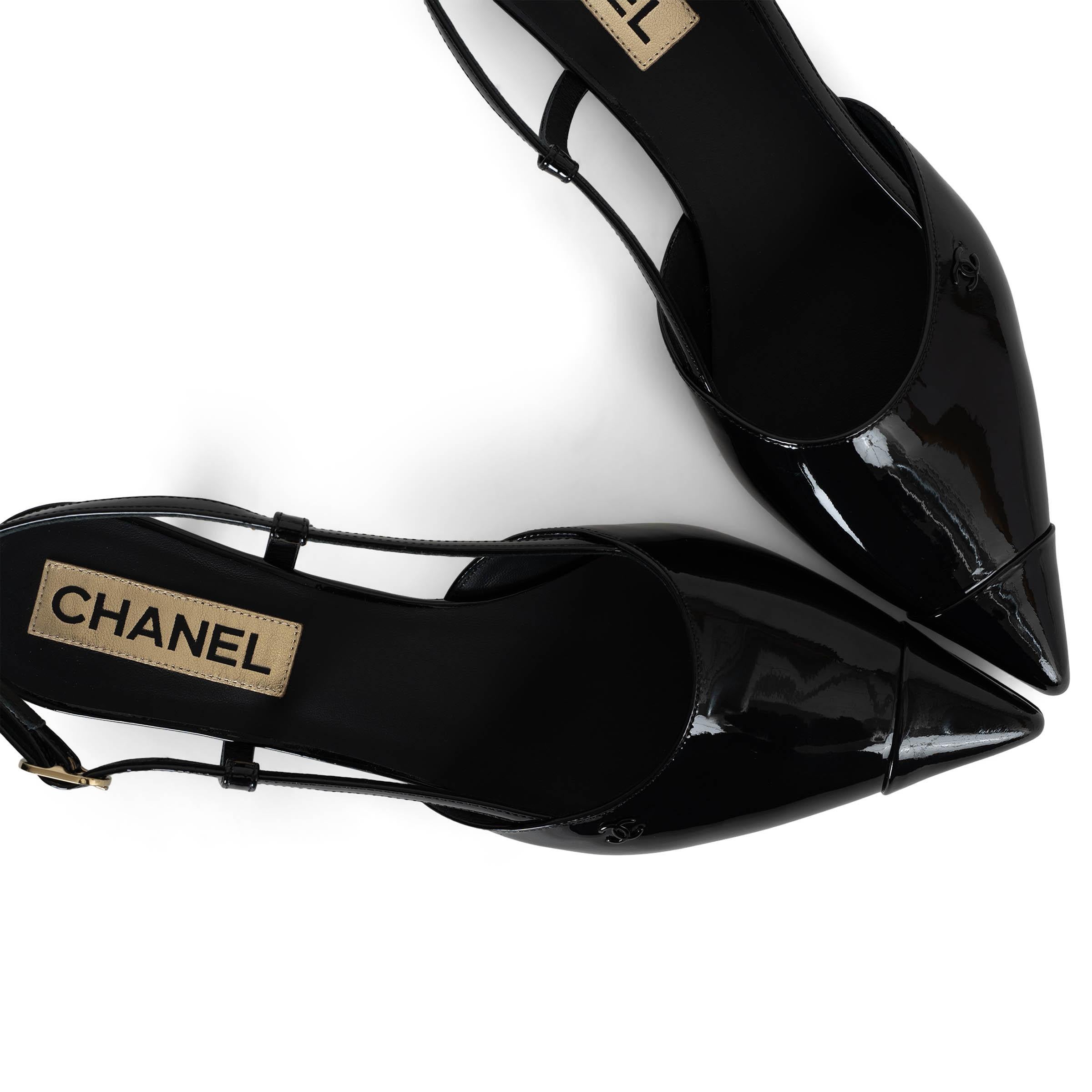 CHANEL black patent leather 22K Slingbacks Pumps Shoes 38.5 3
