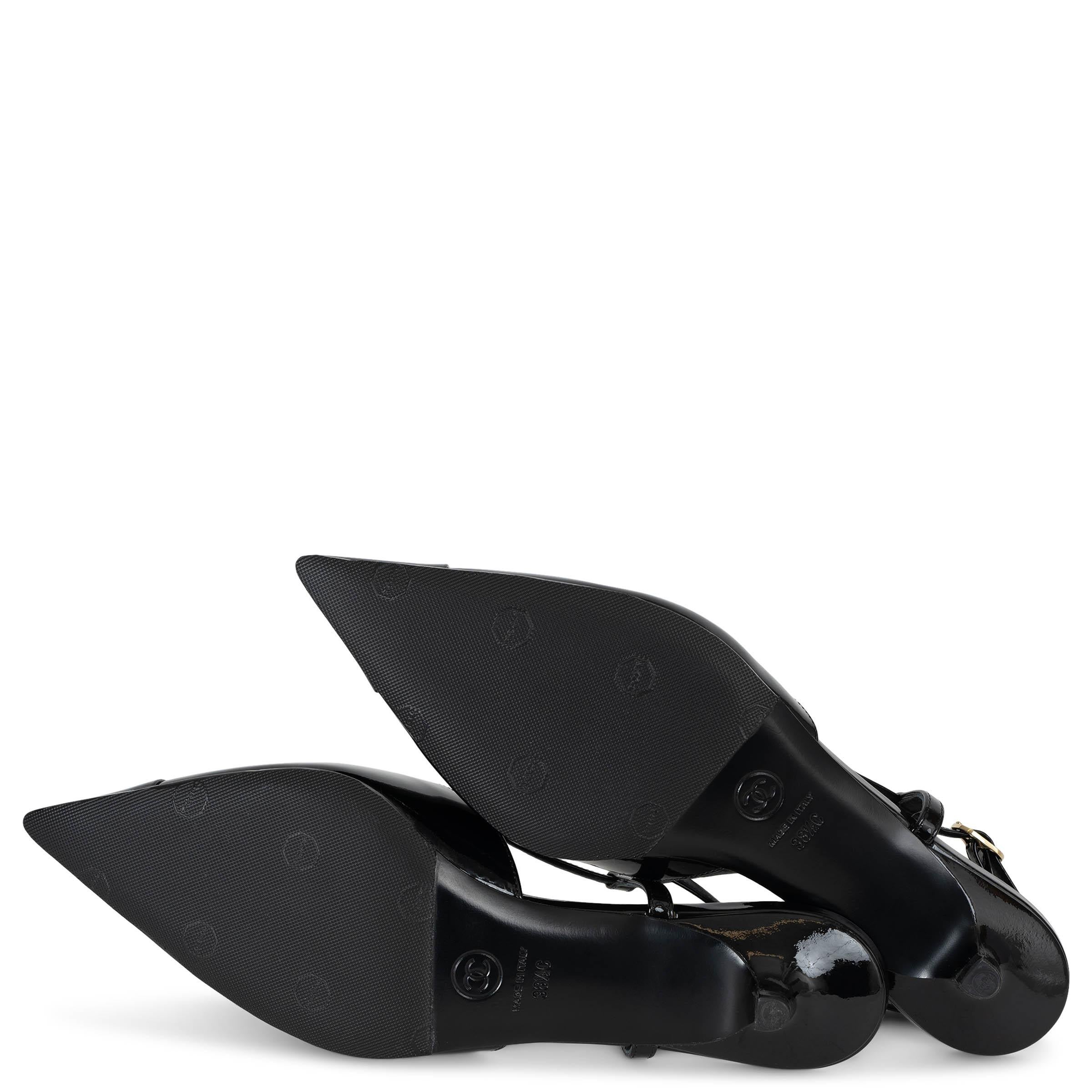 CHANEL black patent leather 22K Slingbacks Pumps Shoes 38.5 5