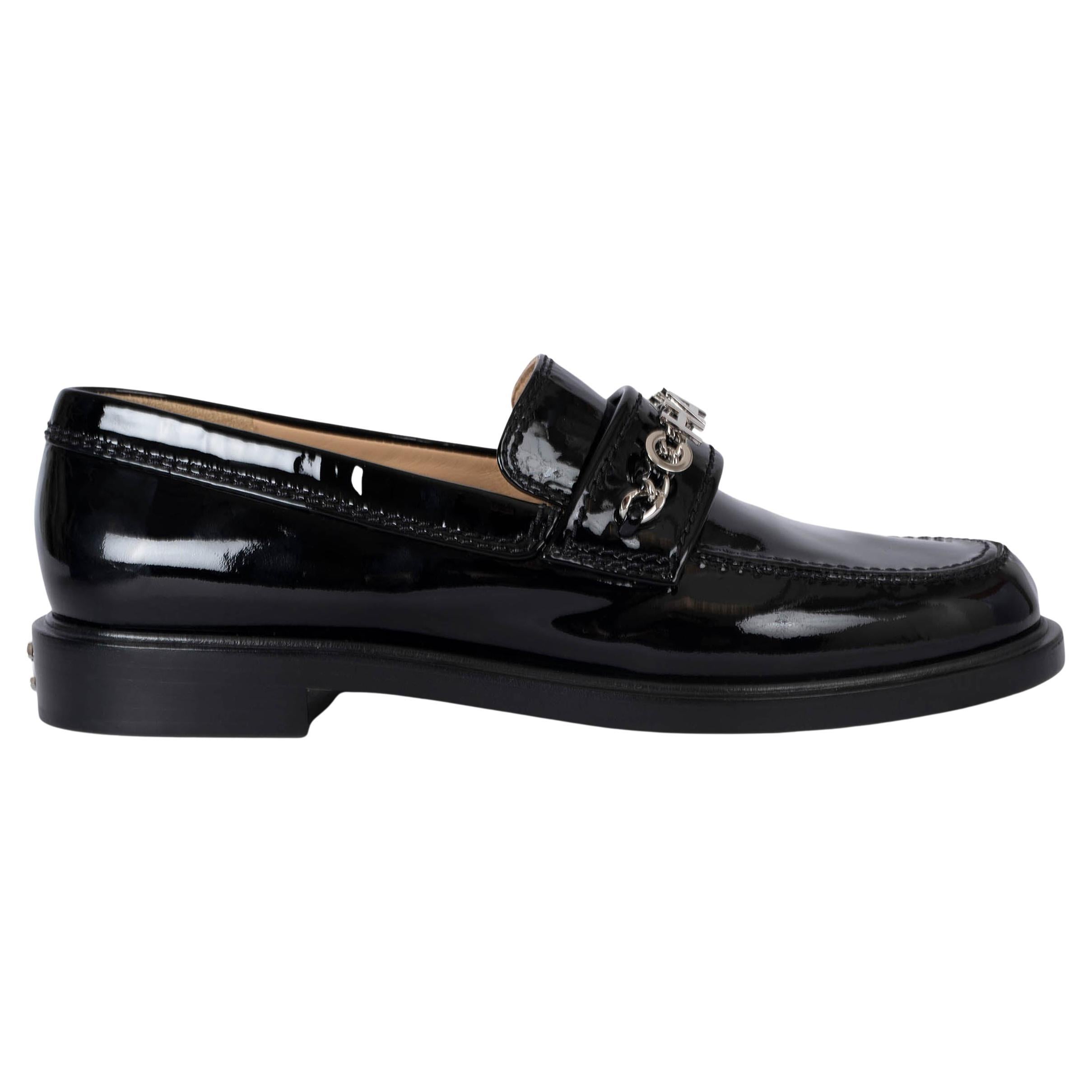 CHANEL black patent leather 23A DAKAR LOGO PENNY Loafers Shoes 38.5 For Sale