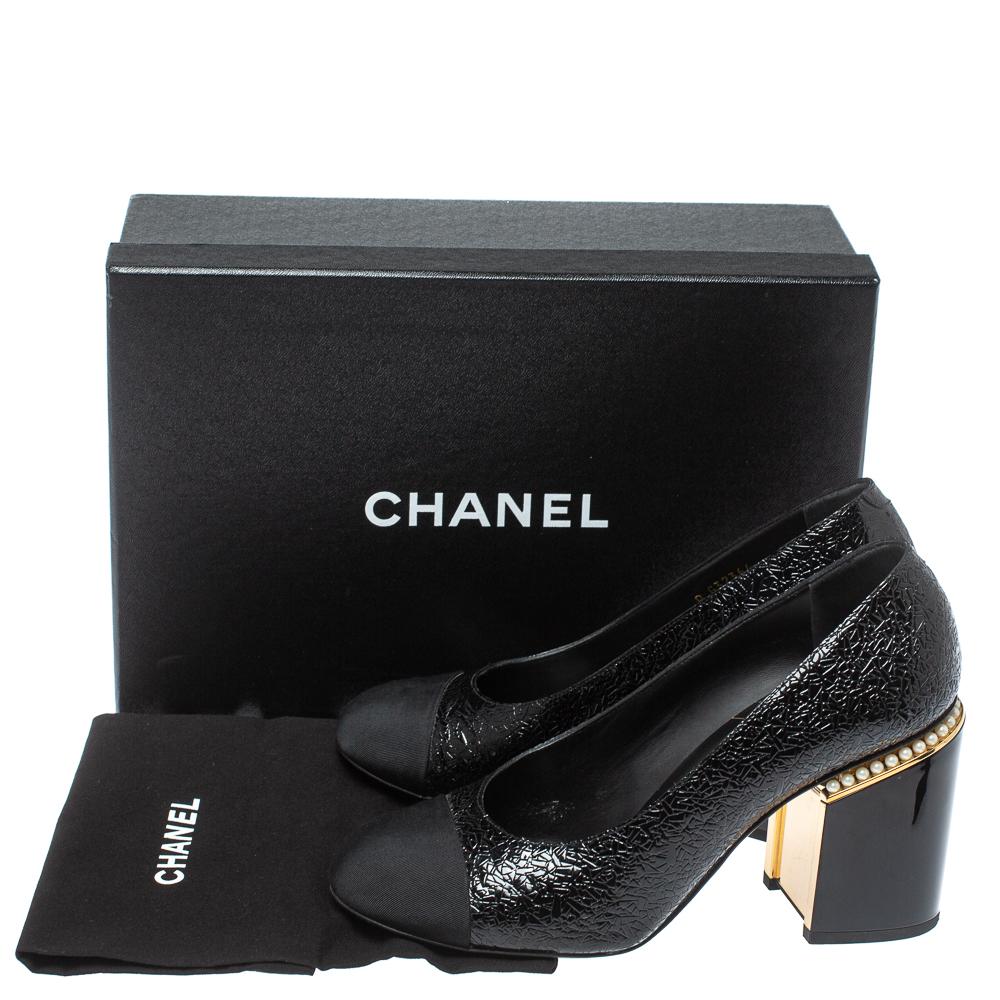 Chanel Black Patent Leather And Cap Toe Pearl Block Heel Pump  Size 39.5 1