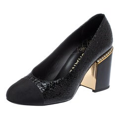 Chanel Black Patent Leather And Fabric Cap Toe Pearl Embellished Block Heel Pump