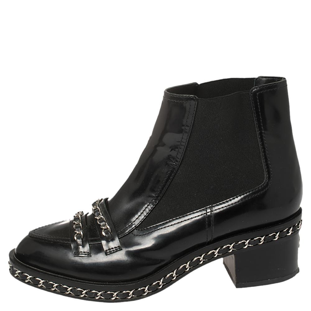 Chanel Schwarz Lackleder und Stoff Kette verschönert Stiefeletten Größe 40 1