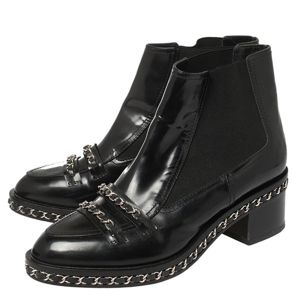 Chanel Schwarz Lackleder und Stoff Kette verschönert Stiefeletten Größe 40 3