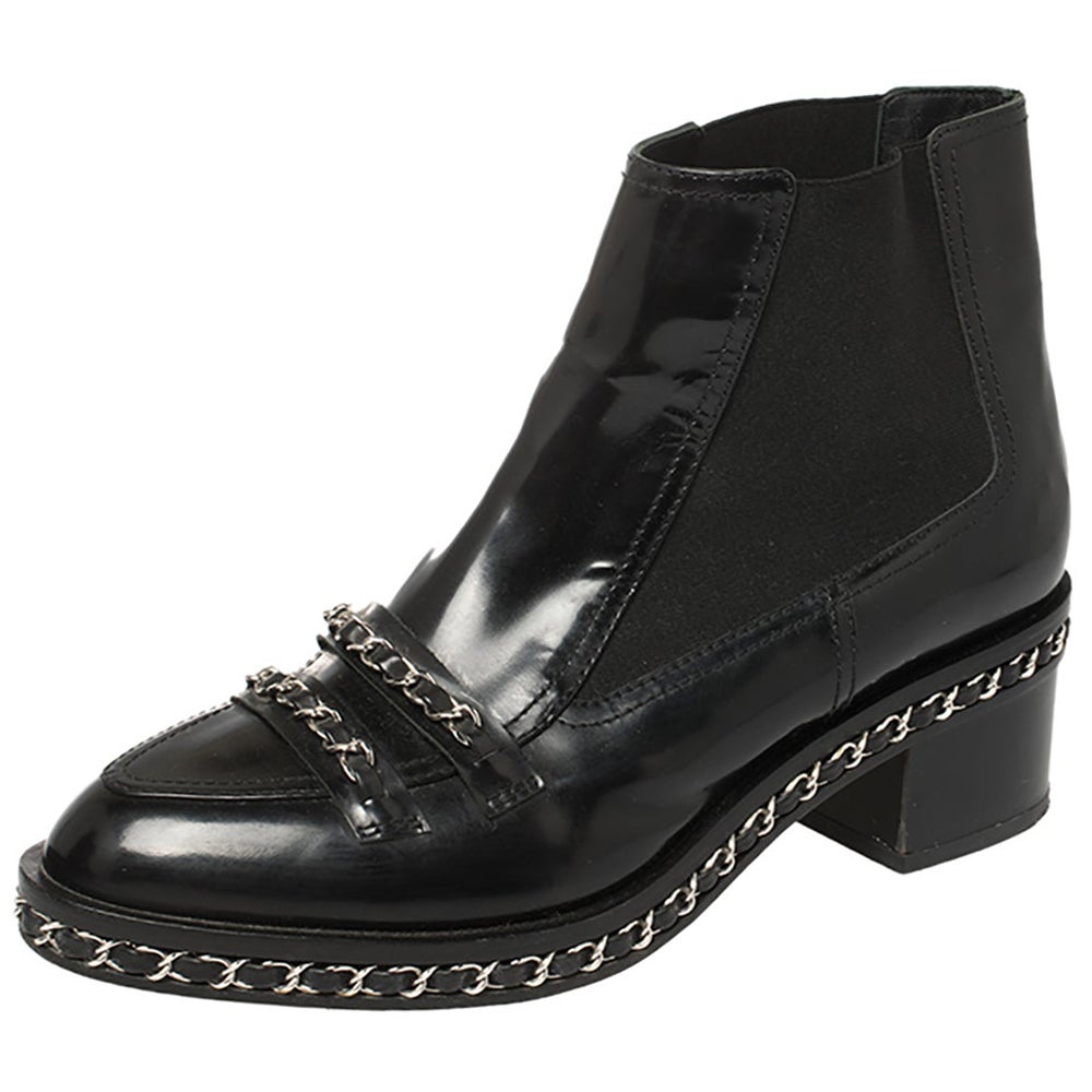 Chanel Schwarz Lackleder und Stoff Kette verschönert Stiefeletten Größe 40