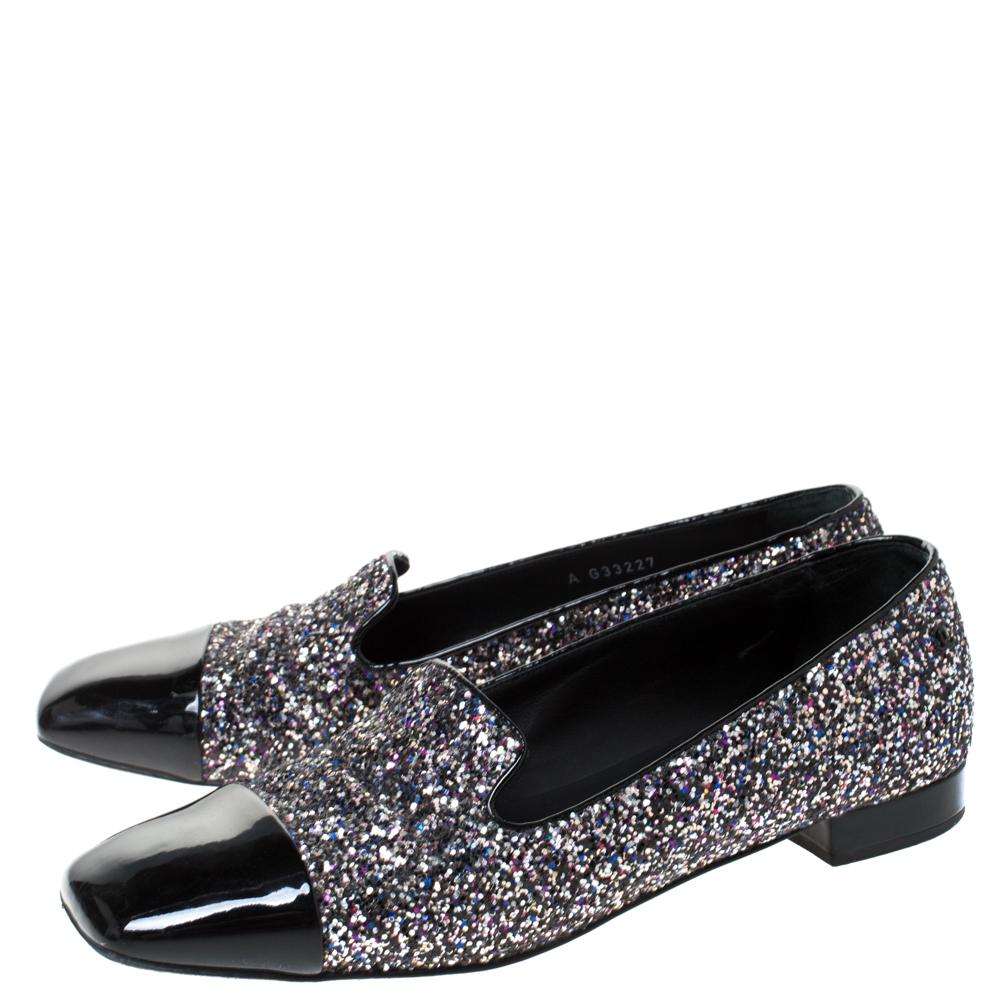 Chanel Black Patent Leather and Glitters Smoking Slippers Size 41.5 2