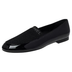 Chanel Black Patent Leather and Knit Fabric Slip On Loafers Size 40.5