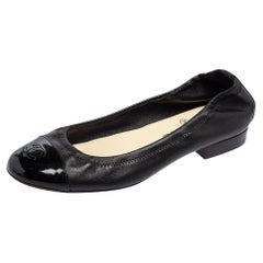 Chanel Black Patent Leather and Leather CC Cap Toe Ballet Flats Size 37