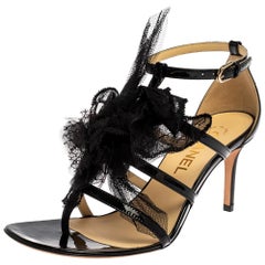 Chanel Black Patent Leather And Mesh Camellia Ankle Strap Sandals Size 37