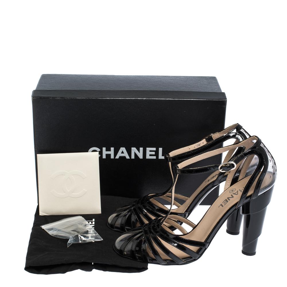 Chanel Black Patent Leather And PVC Swirl Heel T Strap Sandals Size 39.5 3