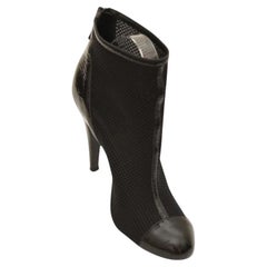 Chanel Black Patent Leather Ankle Boots Textile Perforated Heels Gold CC Sz 39