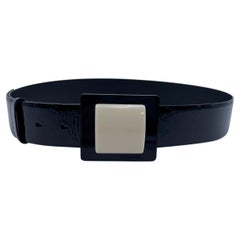 Chanel Black Patent Leather Belt White Squared Buckle Size 40