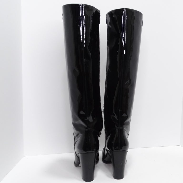 Chanel Black Patent Leather And Knit Fabric Sock Mid Calf Boots Size 38.5  at 1stDibs