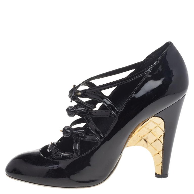 Chanel Black Patent Leather Cage Heel Strappy Pumps Size 39.5