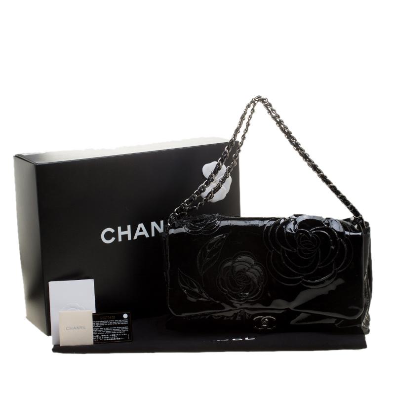 Chanel Black Patent Leather Camellia Accordion 3 Classic Flap Bag 8