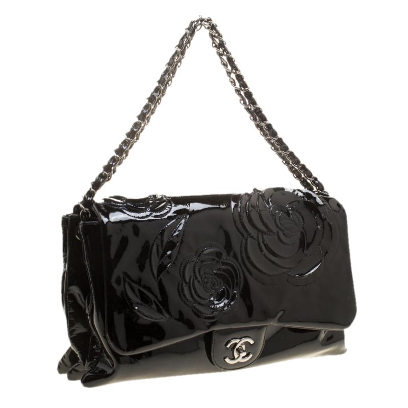 Women's Chanel Black Patent Leather Camellia Accordion 3 Classic Flap Bag