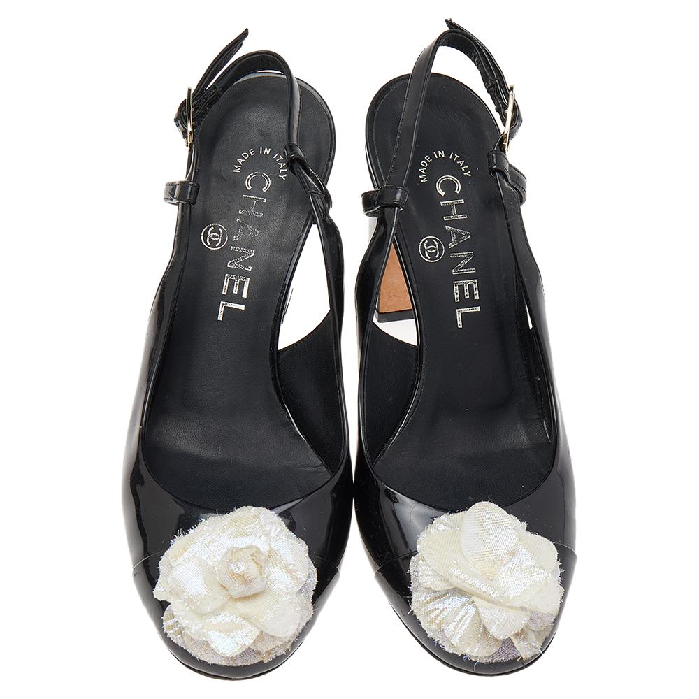 Women's Chanel Black Patent Leather Camellia Embellished Slingback Sandals Size 36.5