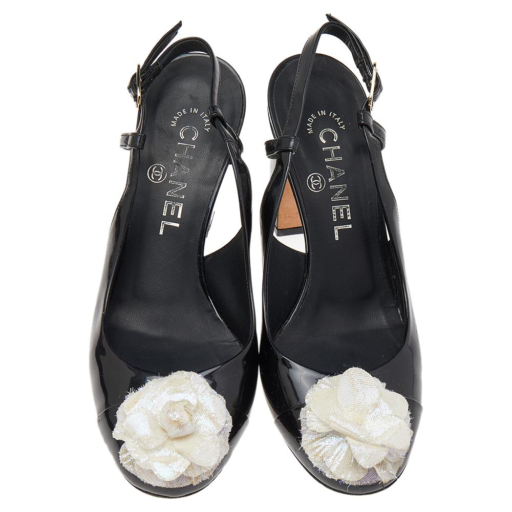 Chanel Black Patent Leather Camellia Embellished Slingback Sandals Size 36.5 1