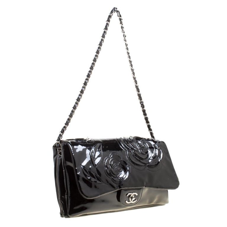 Chanel Black Patent Leather Camellia Flap Shoulder Bag For Sale at 1stDibs