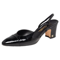 Chanel Schwarze Lackleder Cap Toe Slingback Sandalen Größe 38,5