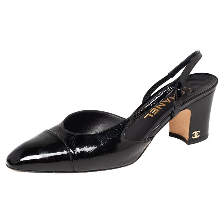 Chanel Black Patent Leather Cap Toe Slingback Sandals Size 38.5