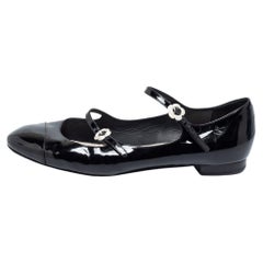 Chanel Black Patent Leather Cap Toe Strappy Ballet Flats Size 41