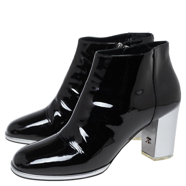 Chanel Black Patent Leather CC Ankle Boots Size 41 at 1stDibs