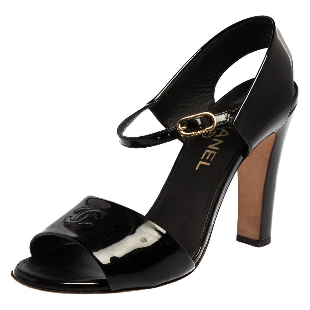 Chanel Black Patent Leather CC Ankle Strap Sandals Size 39.5