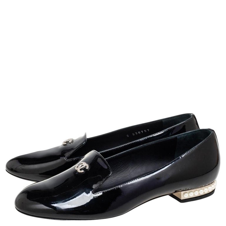 Chanel Black Patent Leather CC Faux Pearl Loafers Size 38