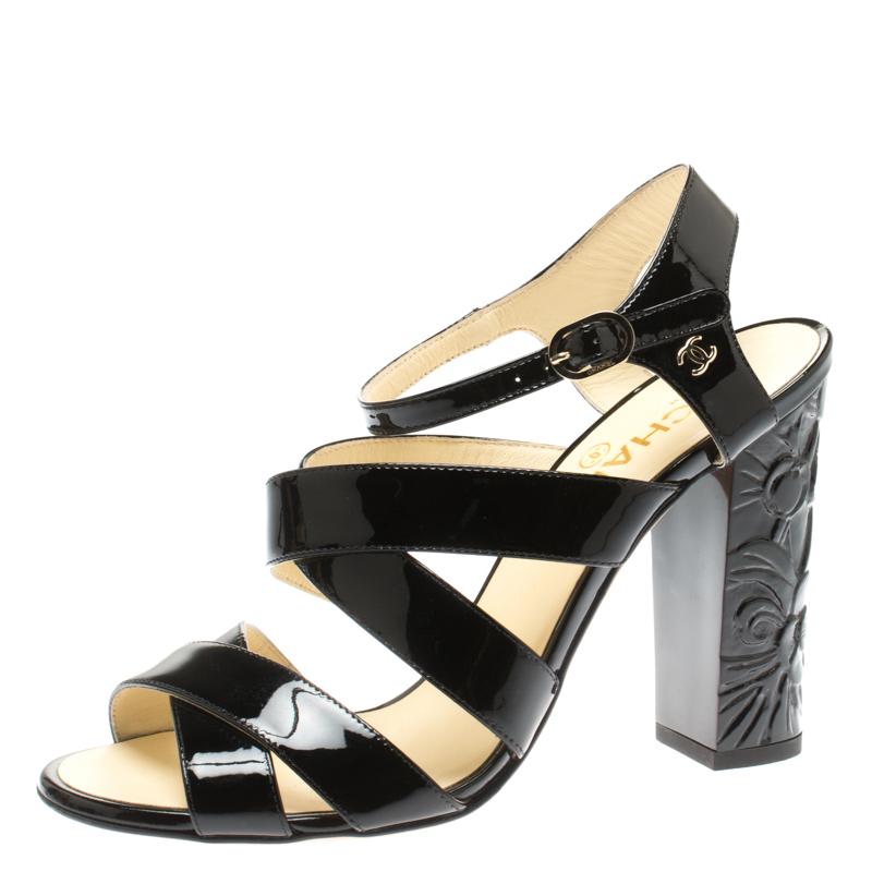 Chanel Black Patent Leather CC Floral Heel Strappy Sandals Size  For  Sale at 1stDibs