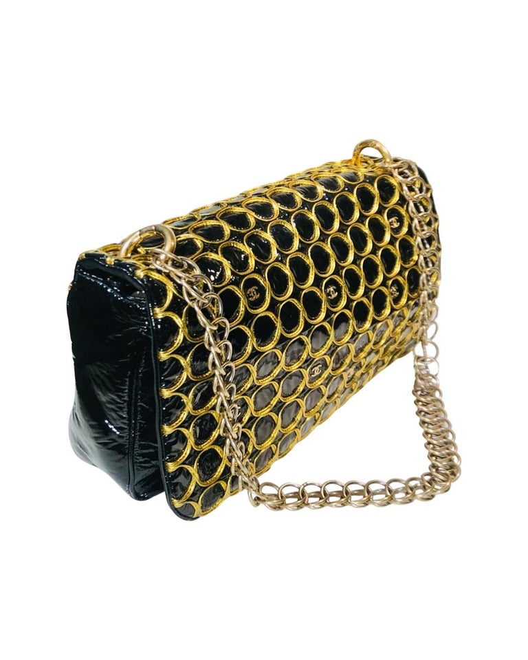Chanel Black Patent Leather CC Gold Embroidered Chain Clutch