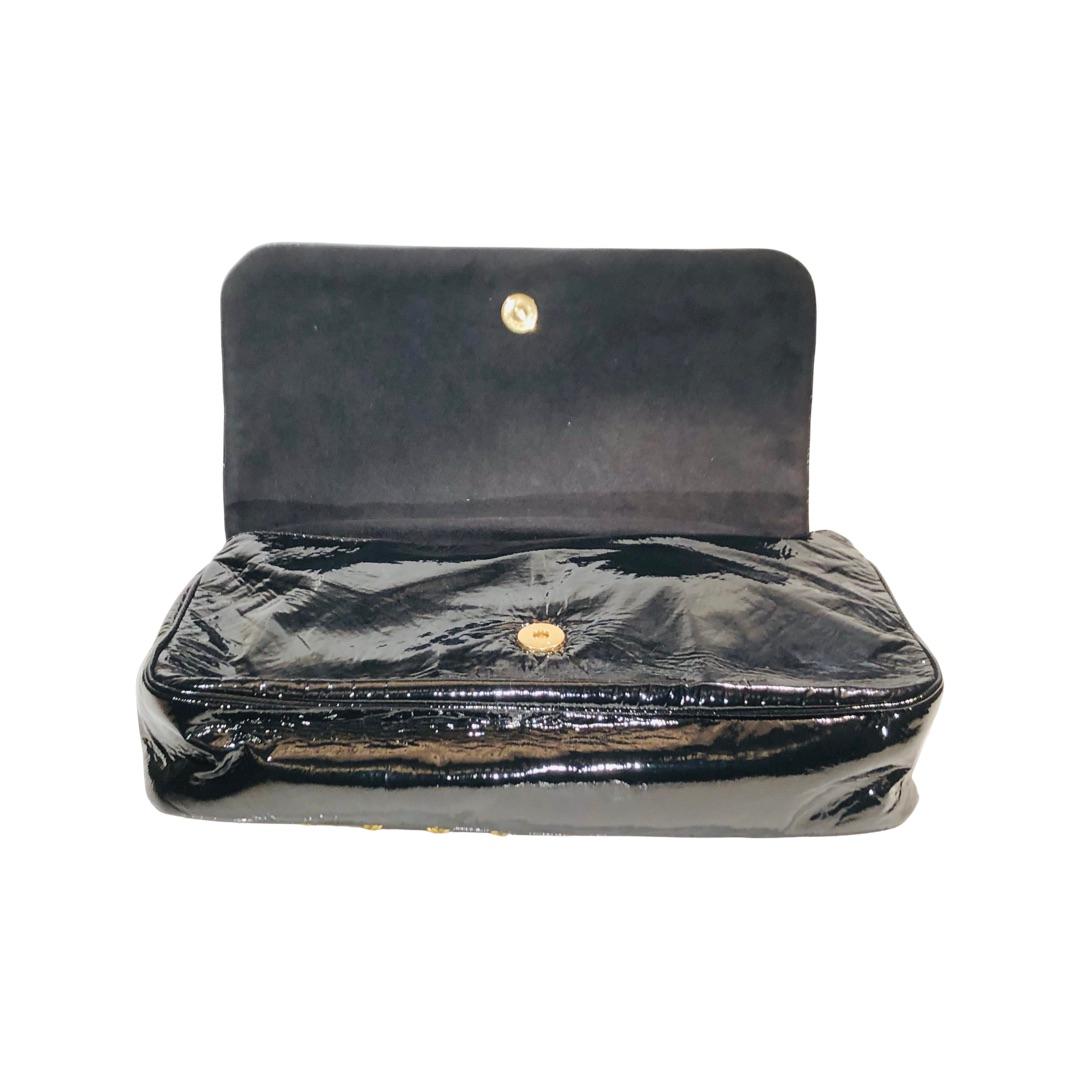 Women's or Men's Chanel Black Patent Leather CC Gold Embroidered Chain Clutch/Shoulder Bag For Sale