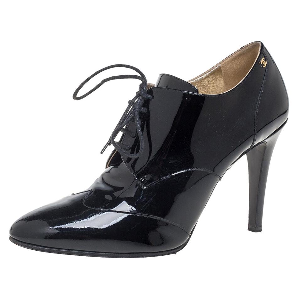 Chanel Black Patent Leather CC Lace Up Derby Ankle Booties Size 40 at ...