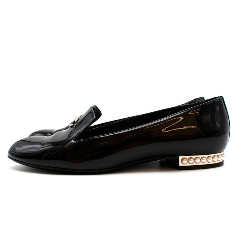 Chanel Black Patent Leather CC Loafers with Pearls - Size 37
