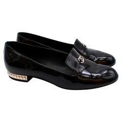 Chanel Black Patent Leather CC Loafers with Pearls - Size 37 at