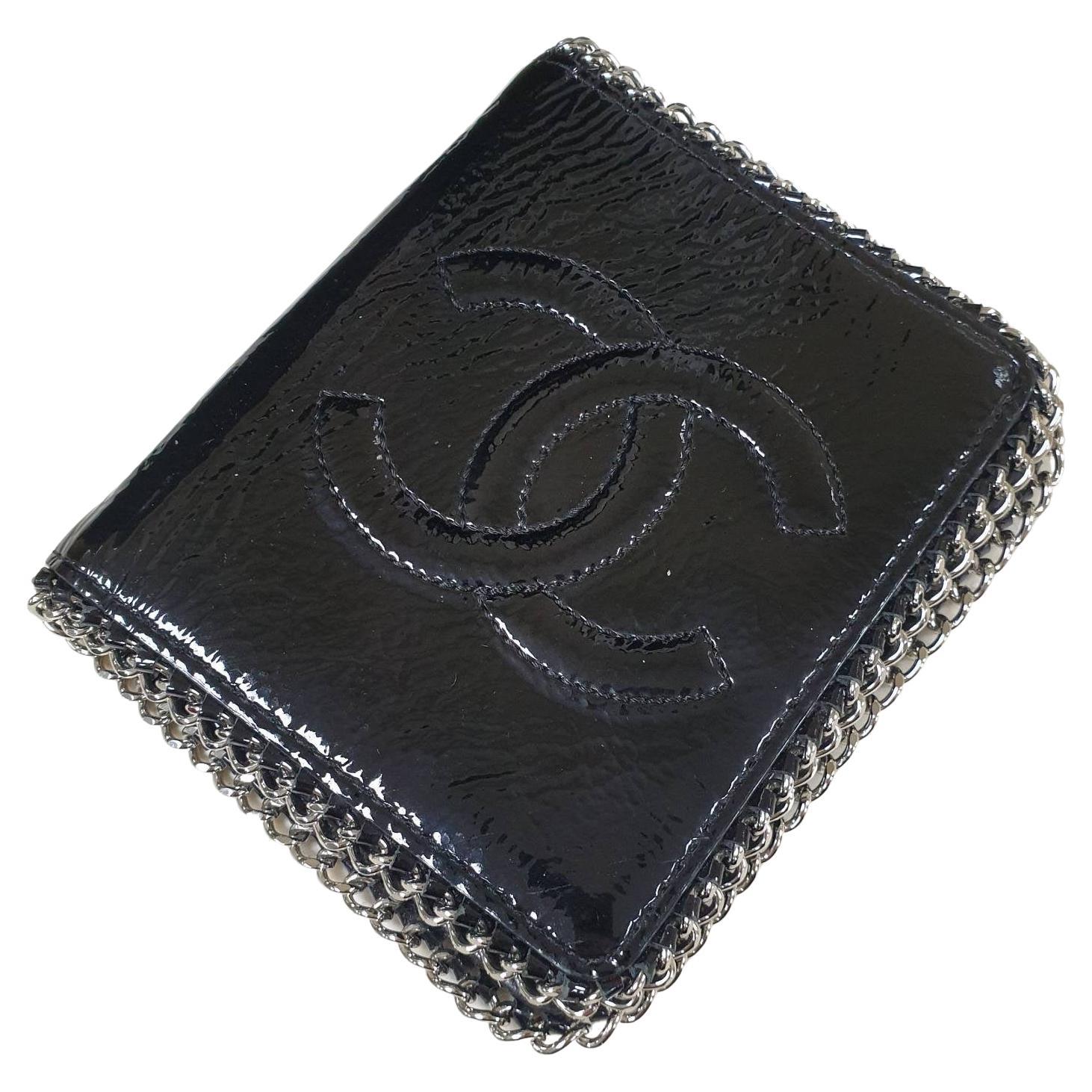 Chanel Black Patent Leather CC Logo Chain Wallet