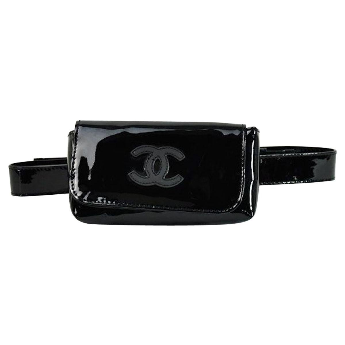 Chanel Black Patent Leather CC Logo Clutch Fanny Waist Belt Bag