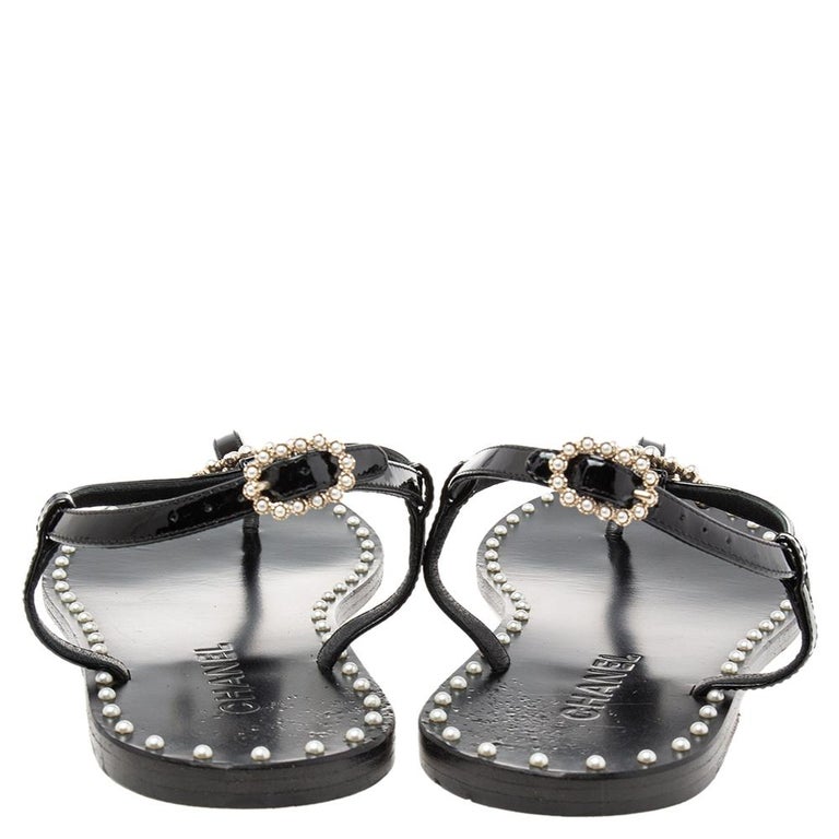 Chanel Black Patent Leather CC Pearl Embellished Flat Thong