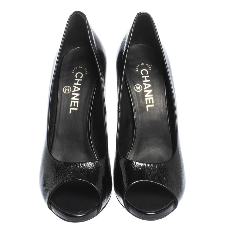 Chanel Black Patent Leather CC Pearl Embellished Heel Peep Toe Pumps Size  40.5